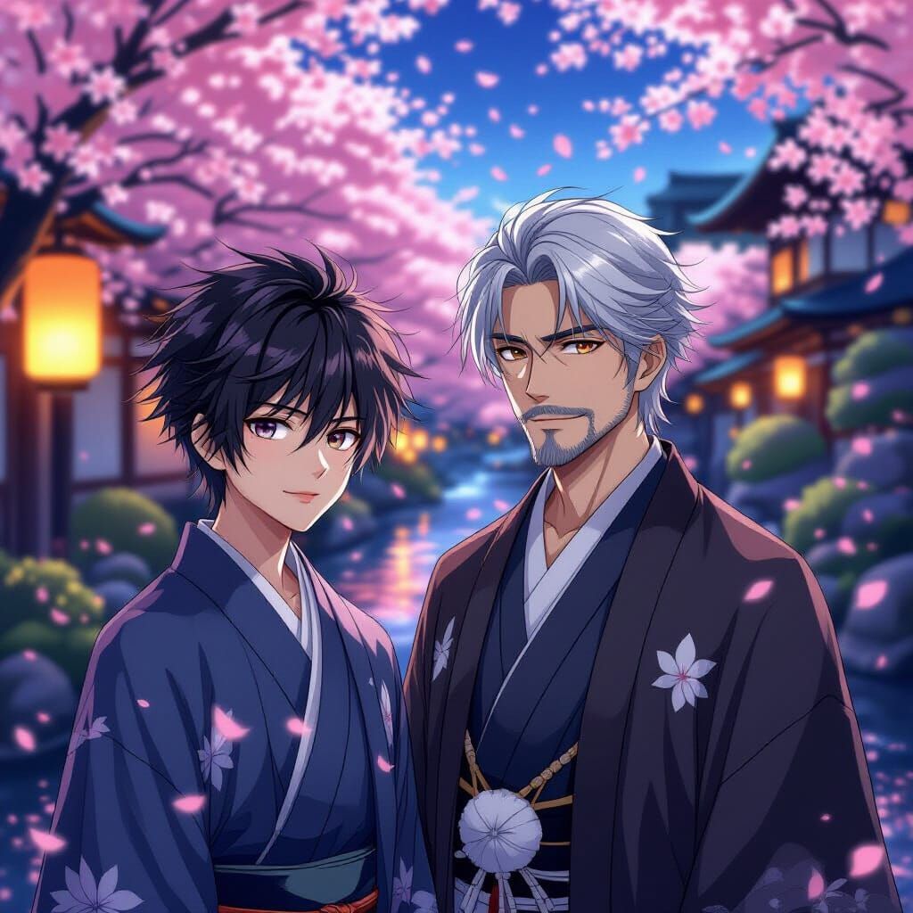 Anime Boys in Elegant Kimonos in Mystical Garden