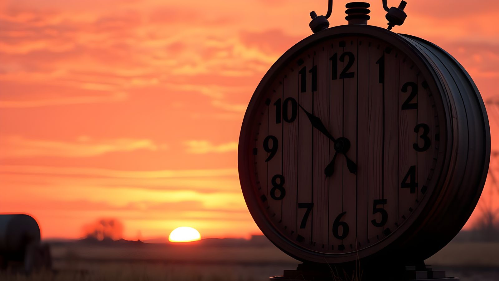 Rustic Clock with Burning Numbers at Sunset