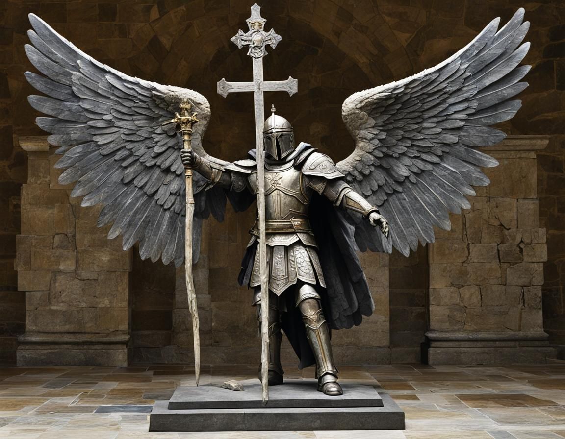 Radiant Armored Angels on Stone Cross