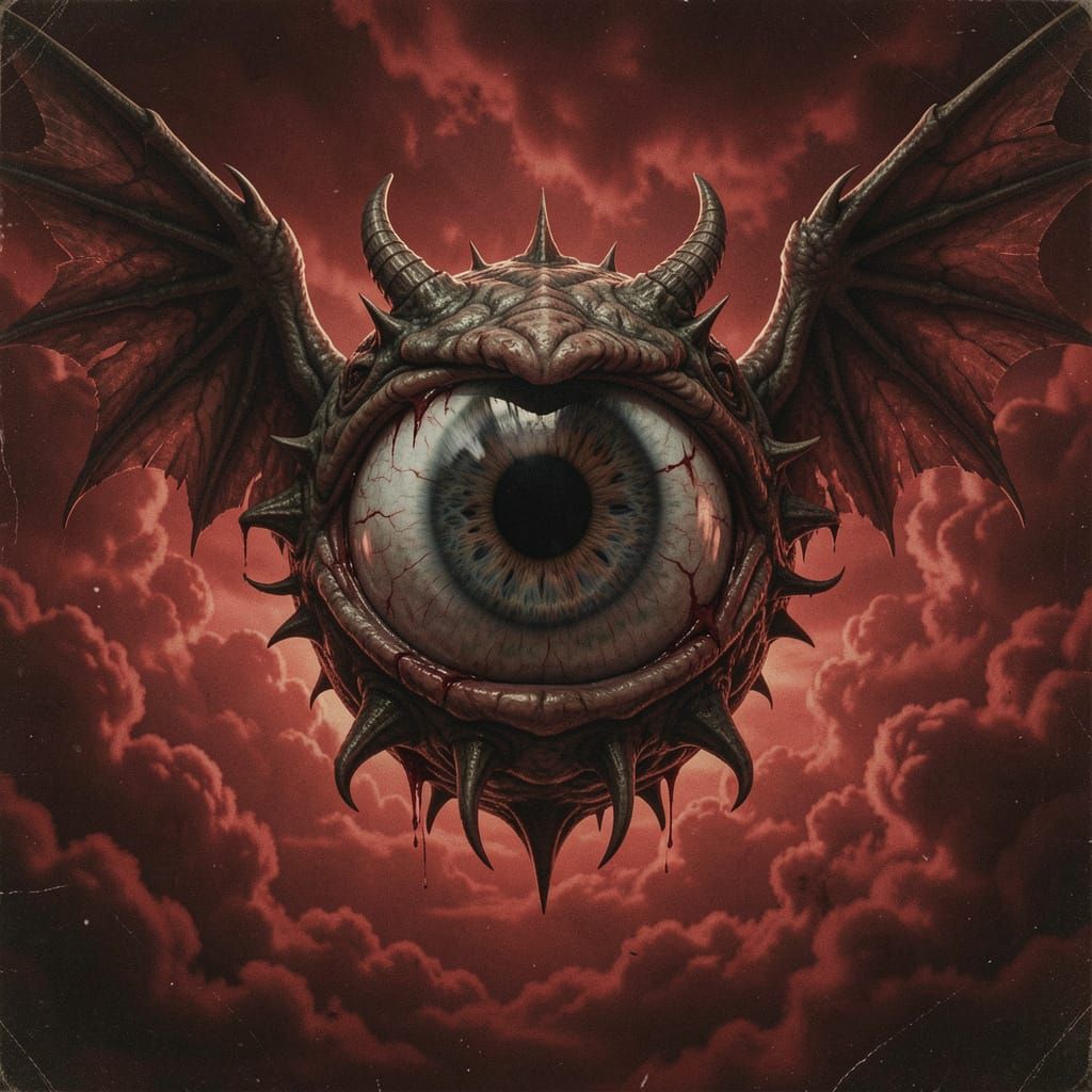 Grotesque Winged Eyeball in Dramatic Red Sky