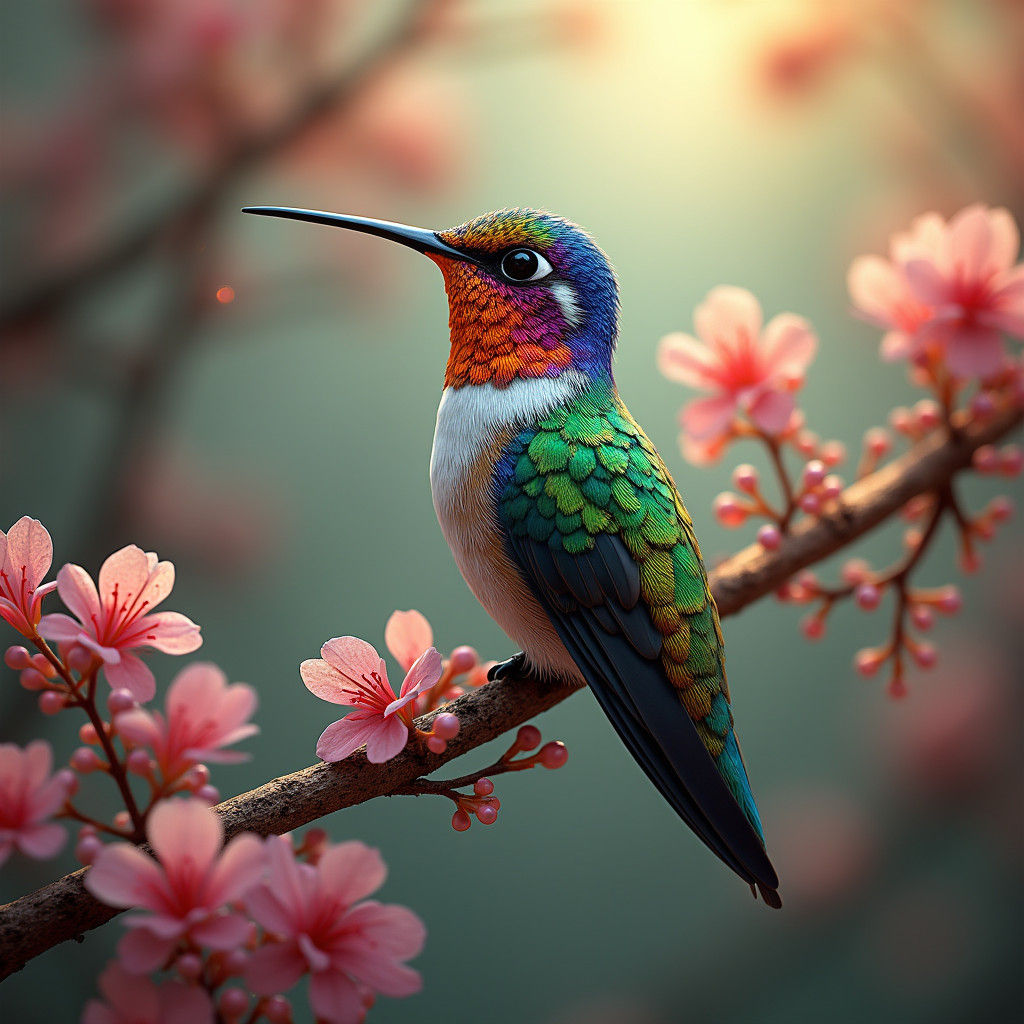 Bohemian Hummingbird on Jeweled Branch in Dreamlike Setting