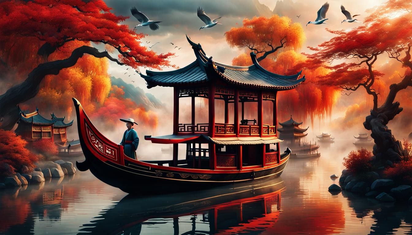 Chinese Junk with Tattoo Elements in Autumn Landscape