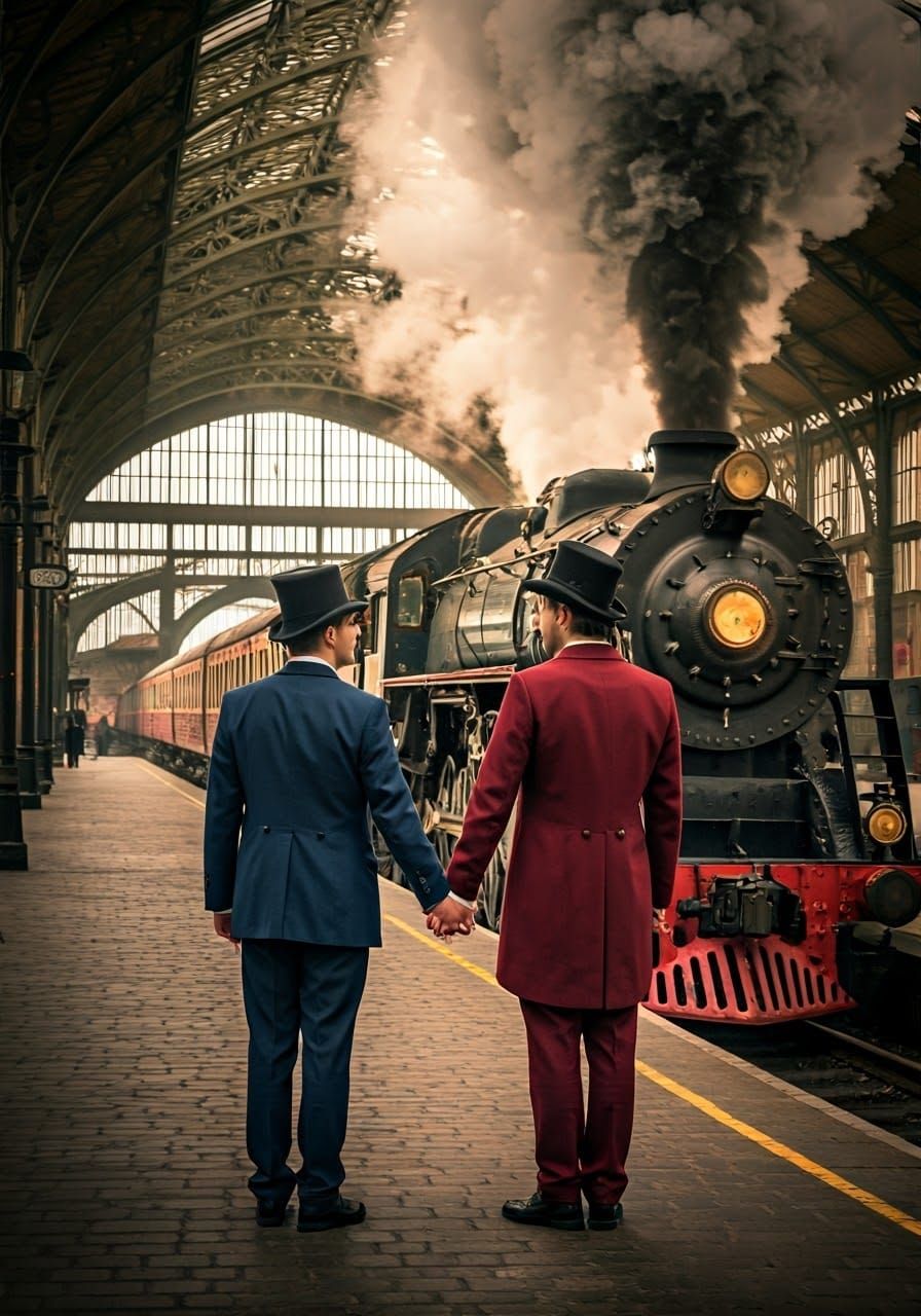 Steampunk Gentlemen at Elegant Train Station