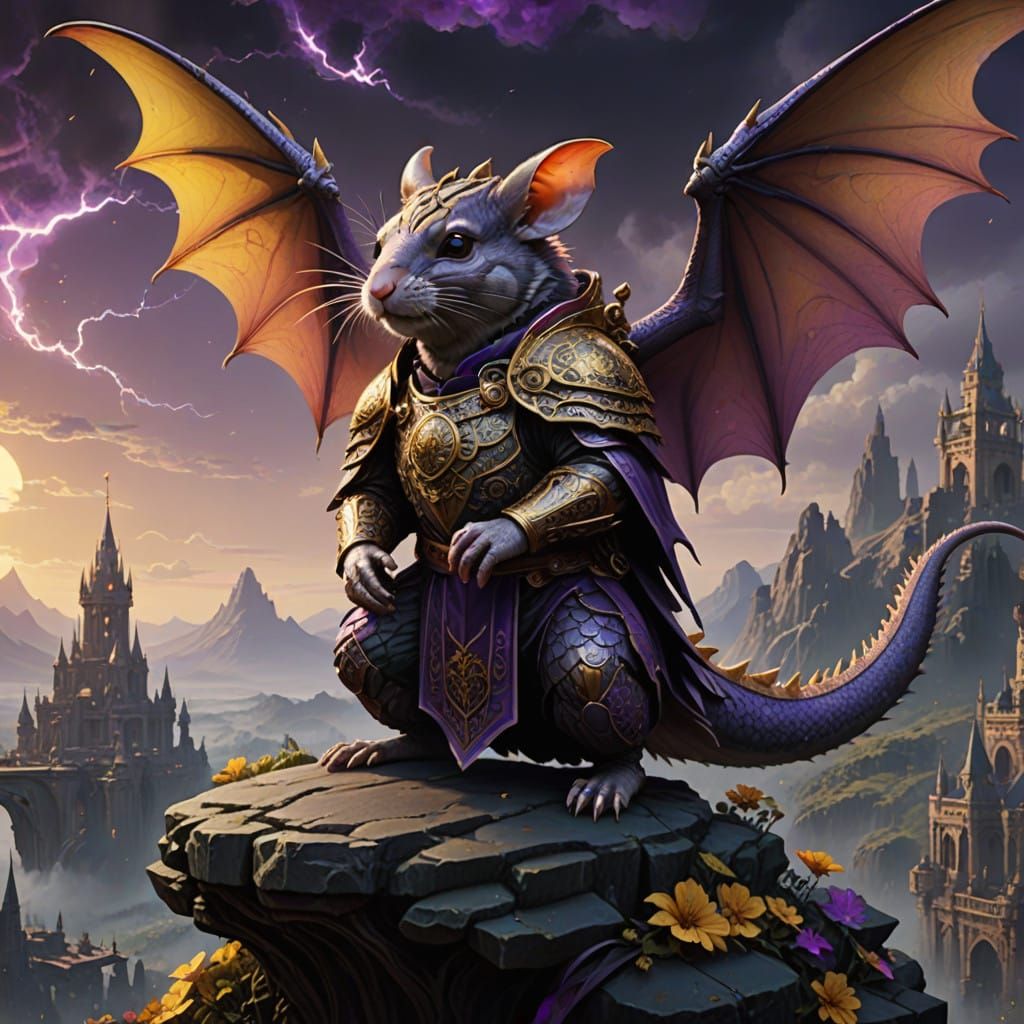 Mystical Mouse Dragon Soars Through Dark Fantasy Landscape