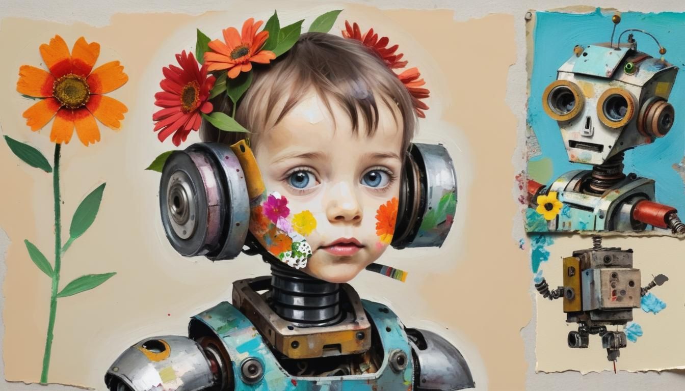 Child Gives Flower to Scrap Robot in Mixed Media Collage