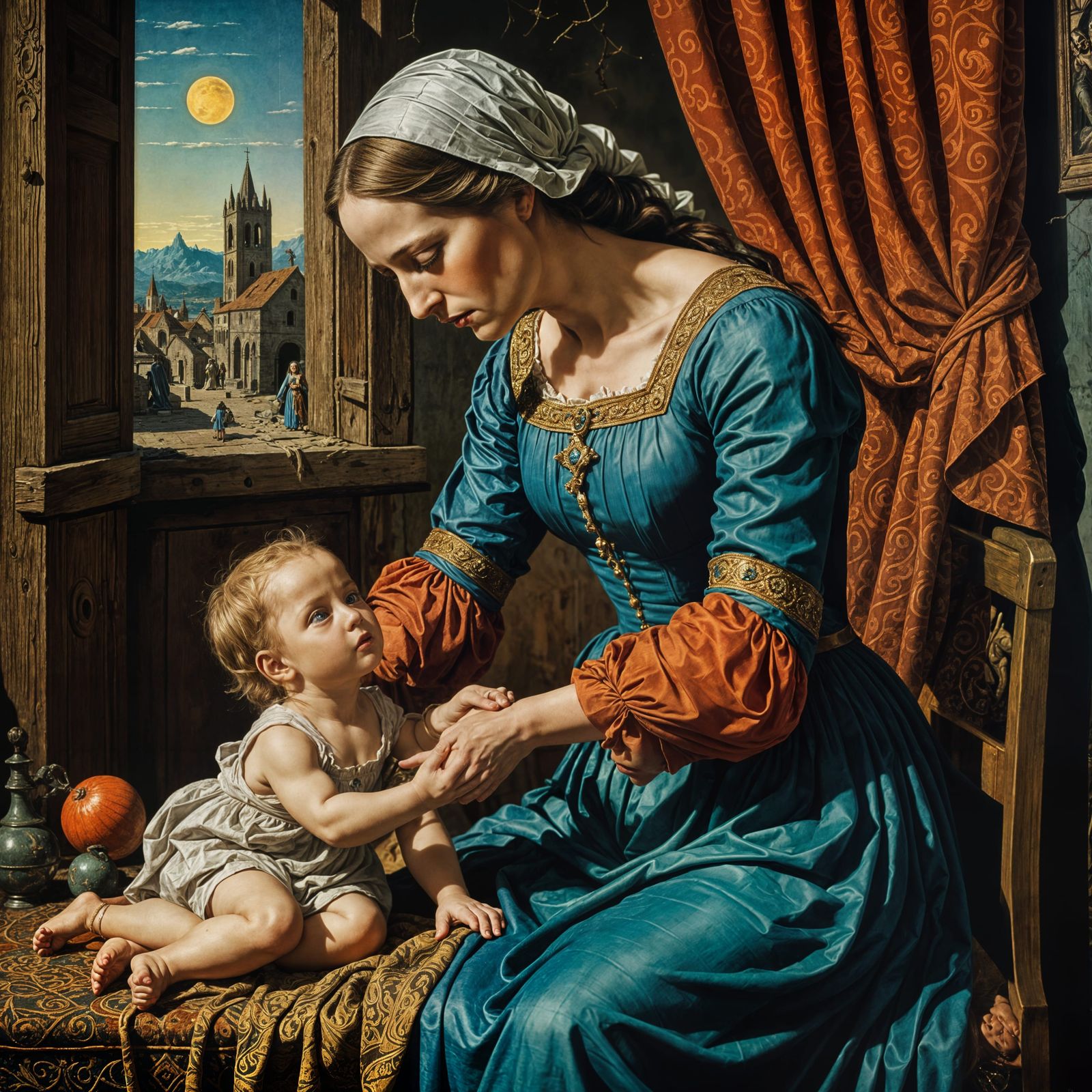 Surreal Mother Scolds Christ Child in Hyperrealistic Style