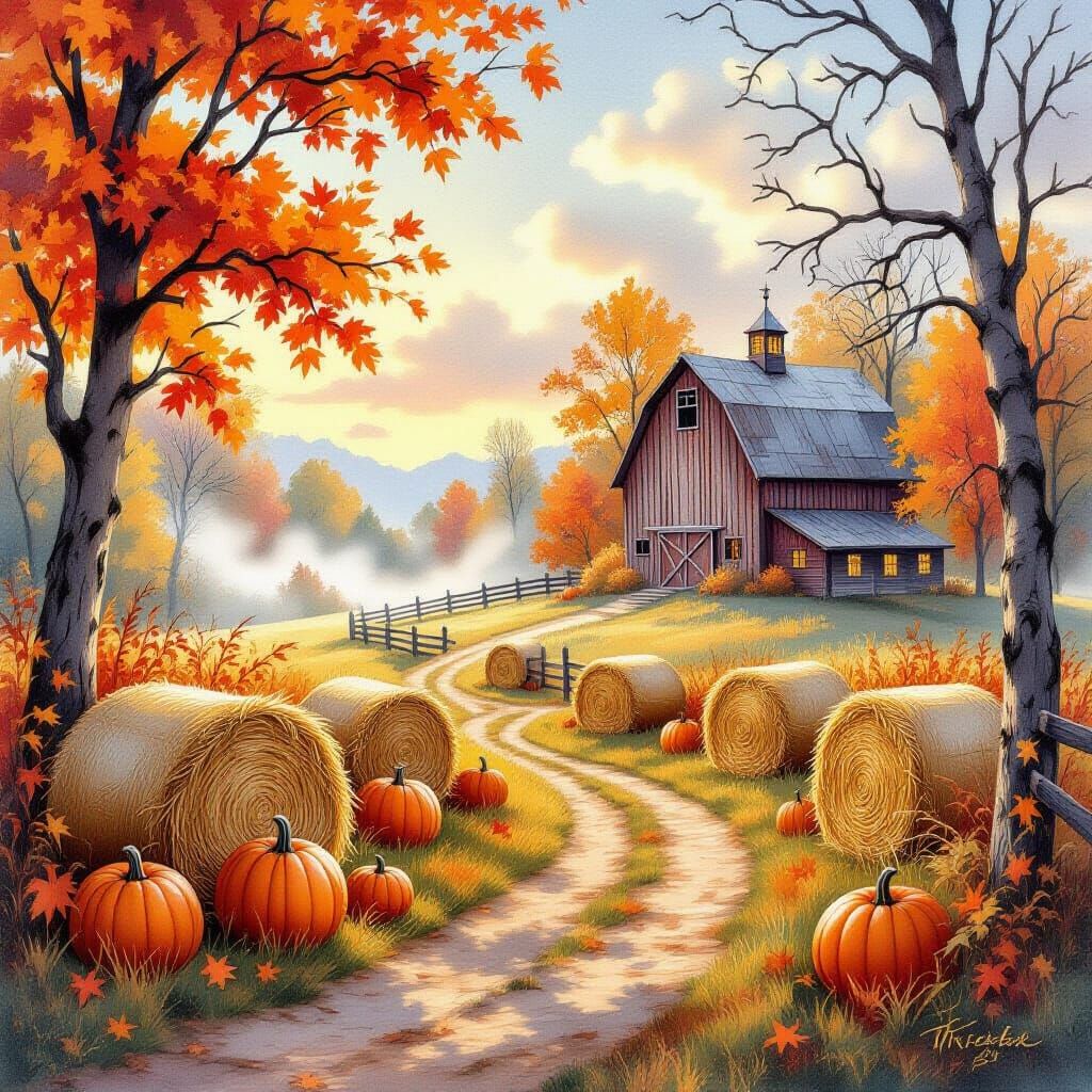 Rustic Autumn Barn Landscape with Hay Bales and Pumpkins