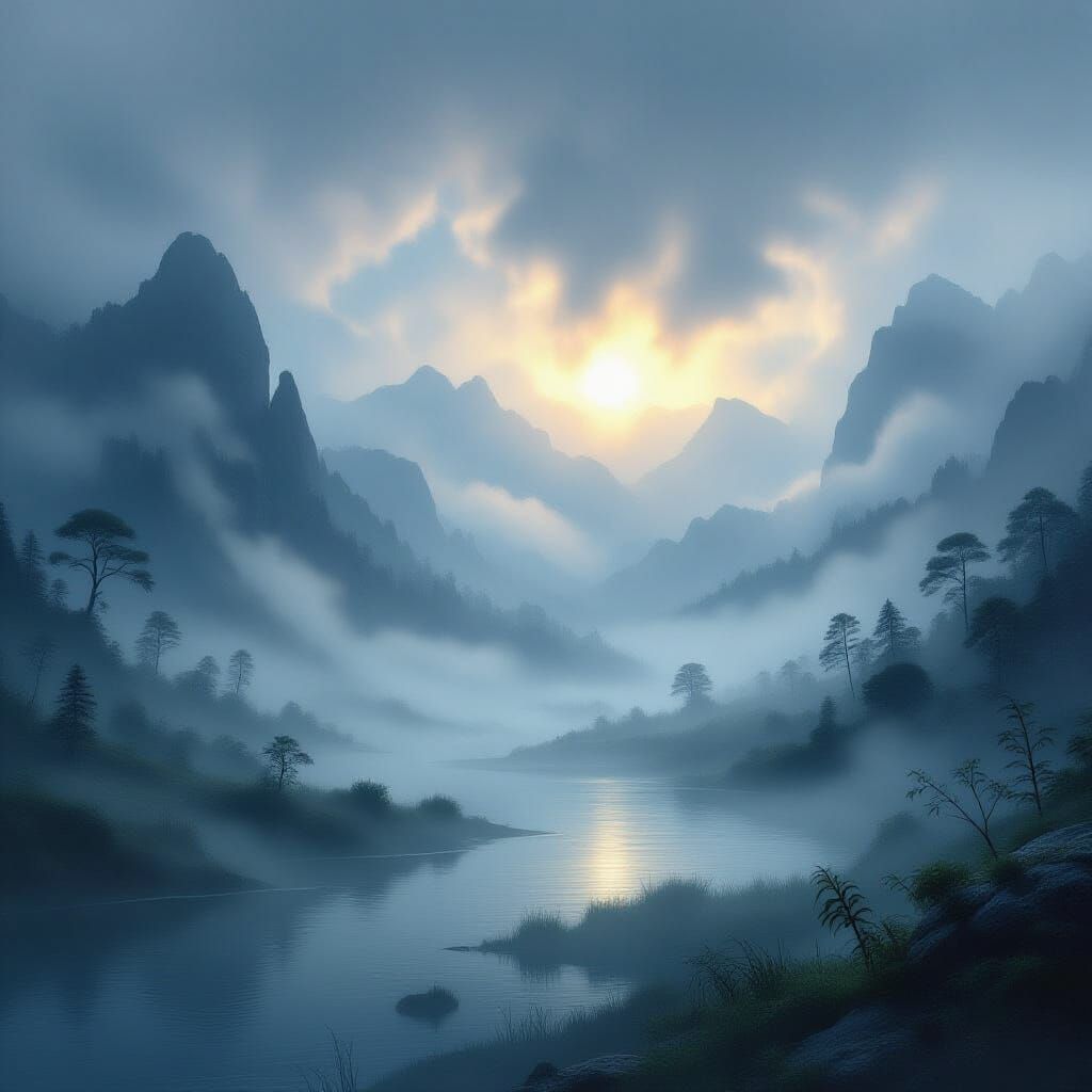 Mystic Waters Fantasy Landscape with Glowing Mist