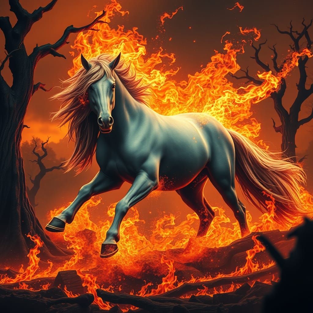 Fiery Grey Horse in Mystical Forest