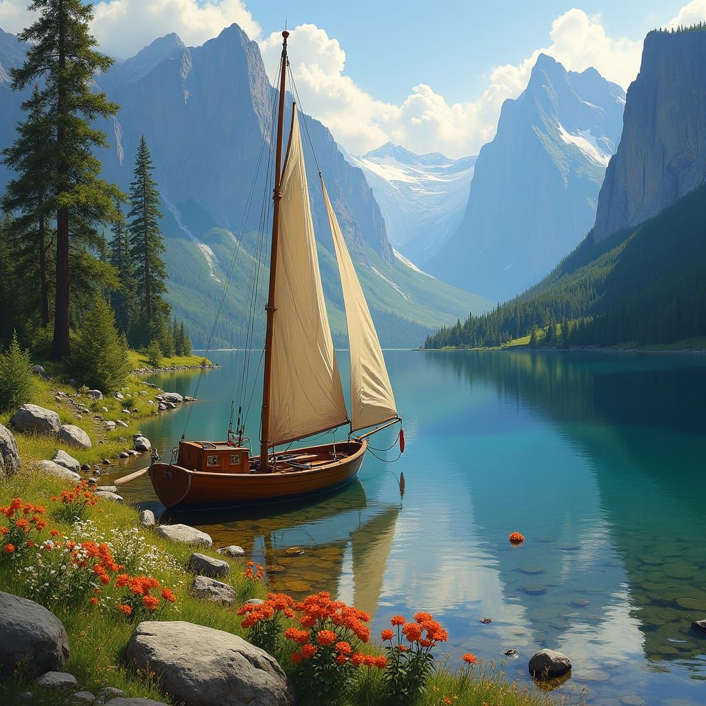 Sailboat on Alpine Lake in Romantic Style
