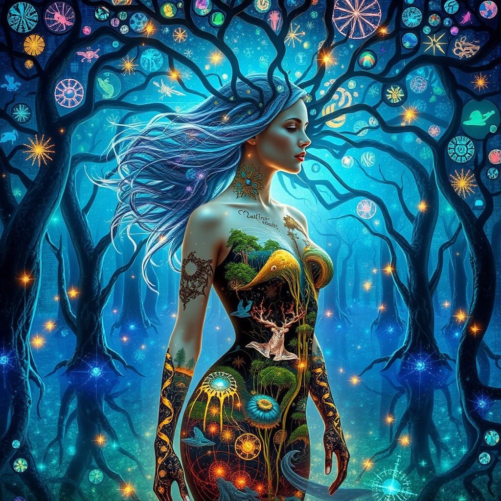 Bioluminescent Forest with Mirror Roots and Mythical Woman