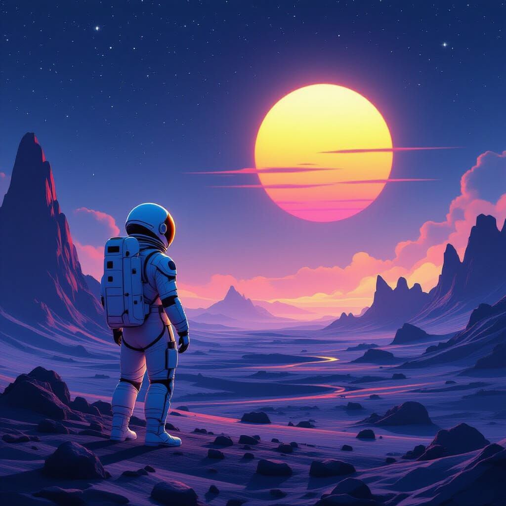Astronaut Gazes at Binary Sunset on Alien World