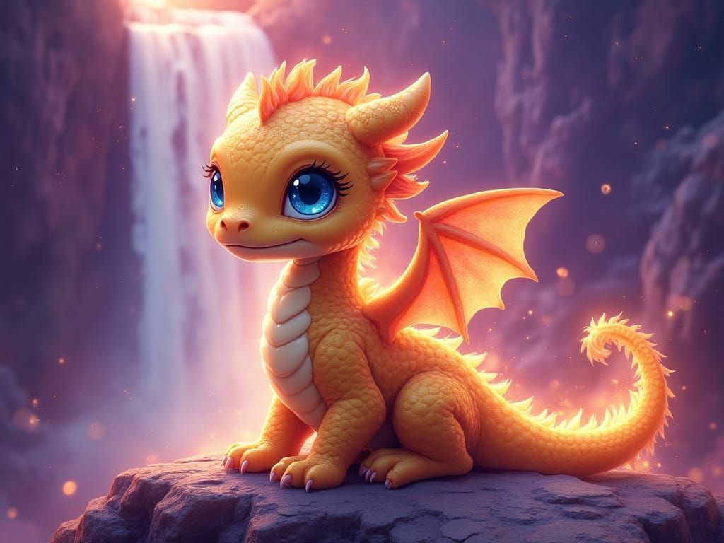 Golden Dragon in Cosmic Nebula with Fiery Waterfall