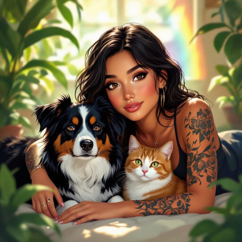 Sunlit Room with Girl, Dog, and Cat in Vibrant Colors