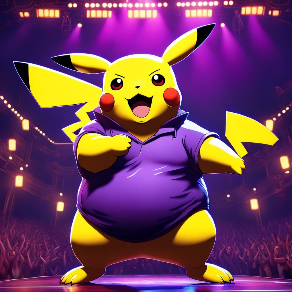 Obese Pikachu Flossing on Stage: Dark Fantasy Art