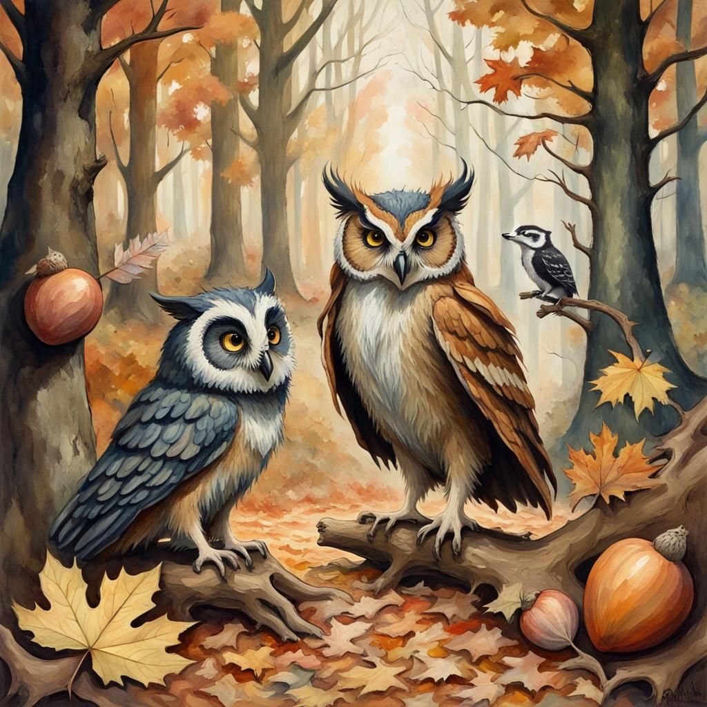 Acorn fairy, an owl, and a badger in the woods during autumn...