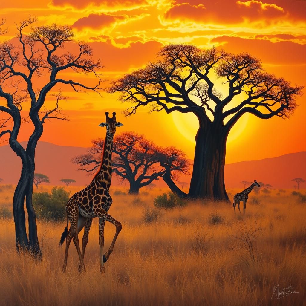 Giraffe in Savannah at Sunset: Landscape Painting