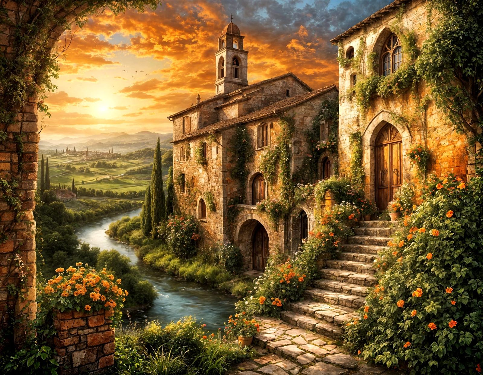 Tuscan Hamlet at Sunset in Luis Royo Style