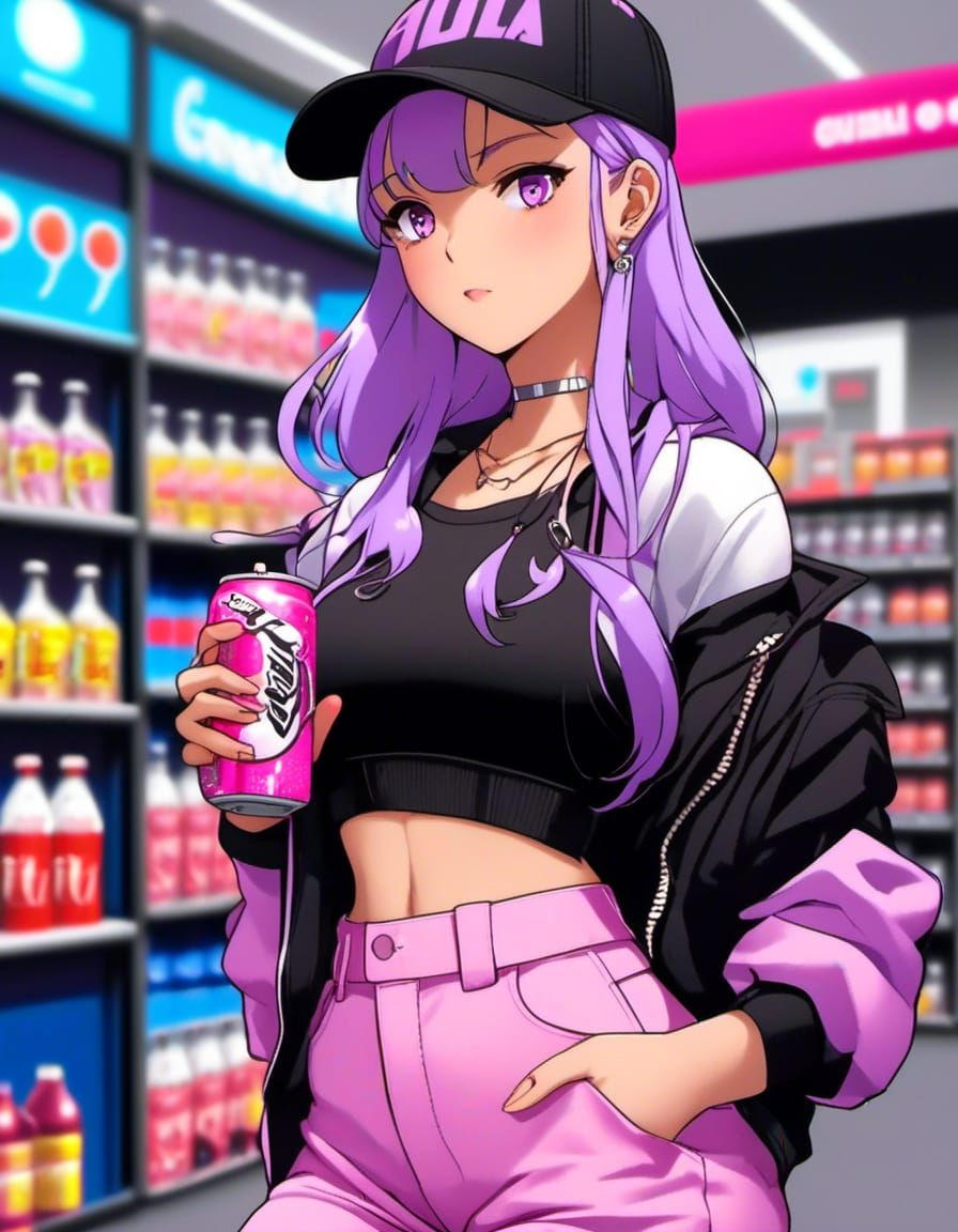 Anime, Manga, girl, lavender hair, purple eyes, black baseball cap, black tanktop, pink li Ed white sport jacket being w...