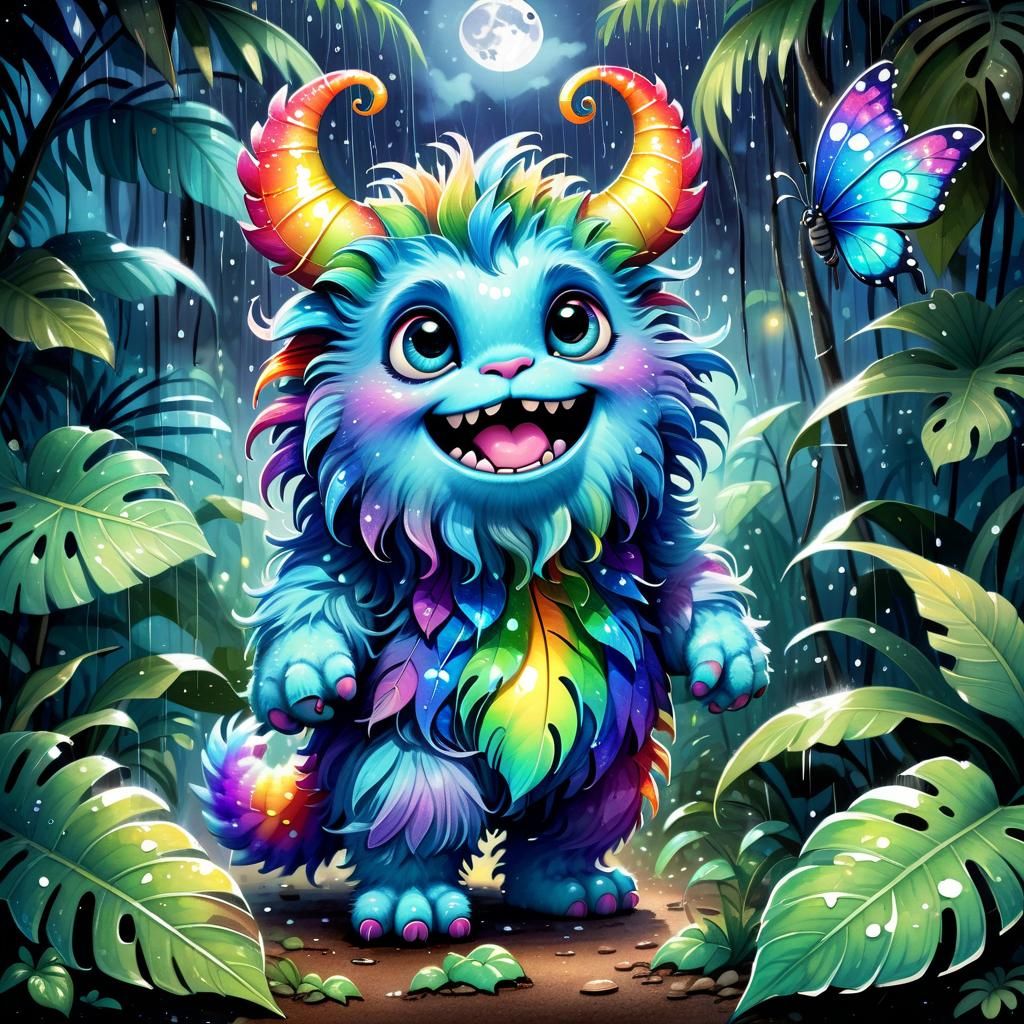 Rainbow Monster in Enchanted Forest: Digital Illustration