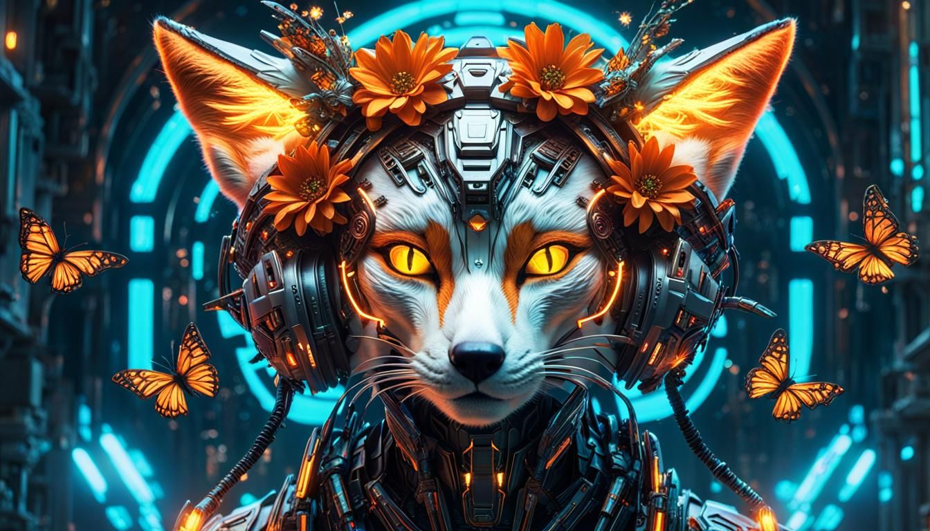 Biopunk Cyborg Fox Goddesses in Neon Laboratory