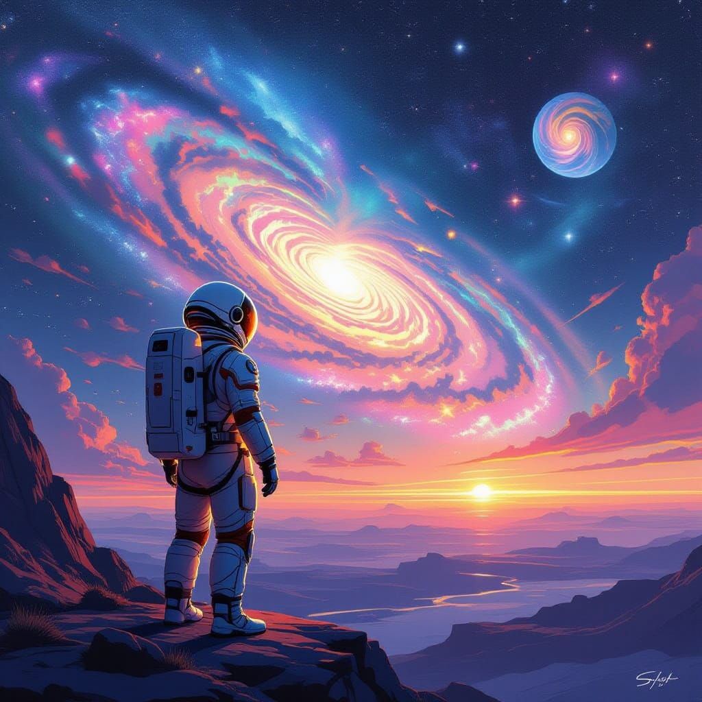 Astronaut Stands at the Edge of a Vibrant Galaxy