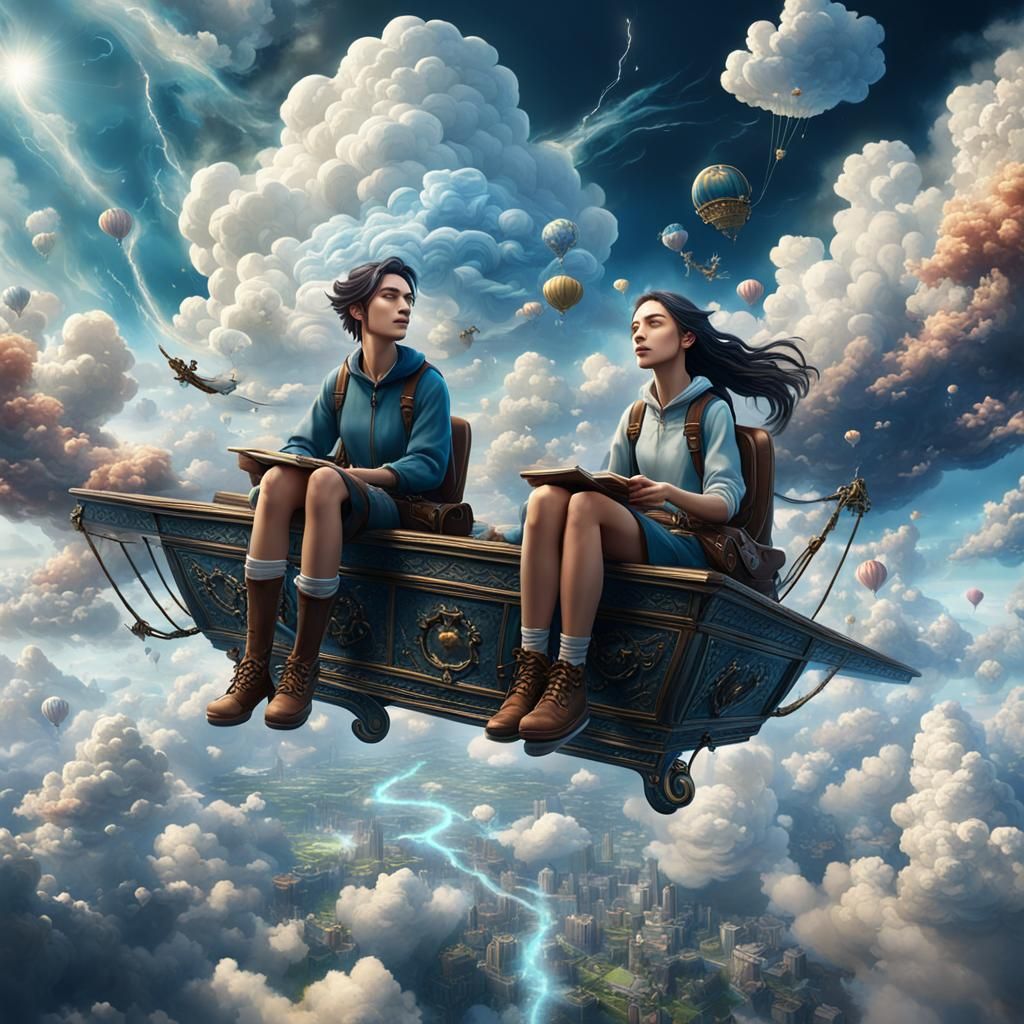 Boy and Girl Flying in Clouds: Fantasy Concept Art