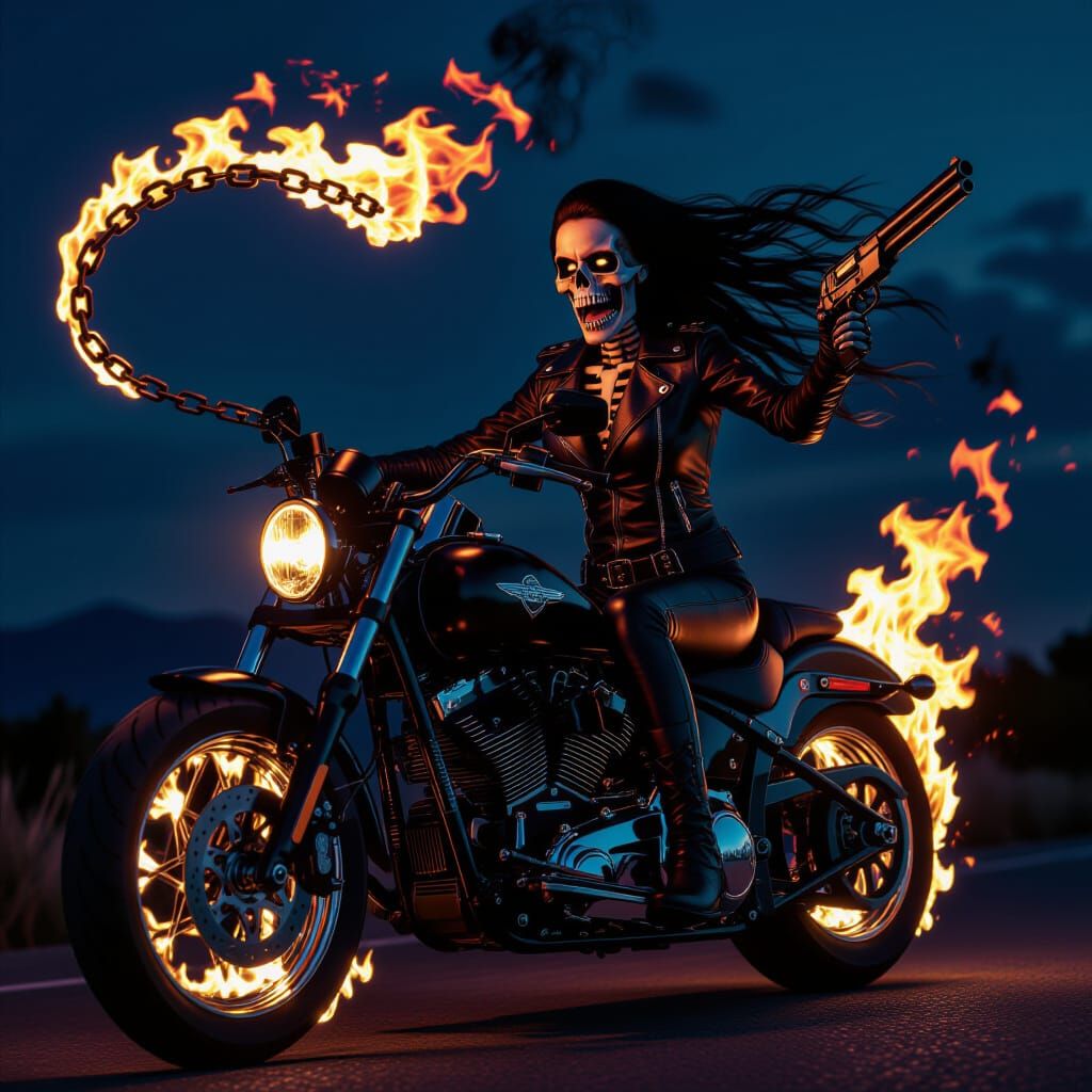 Female Ghost Rider Screaming in Fiery Triumph Motorcycle
