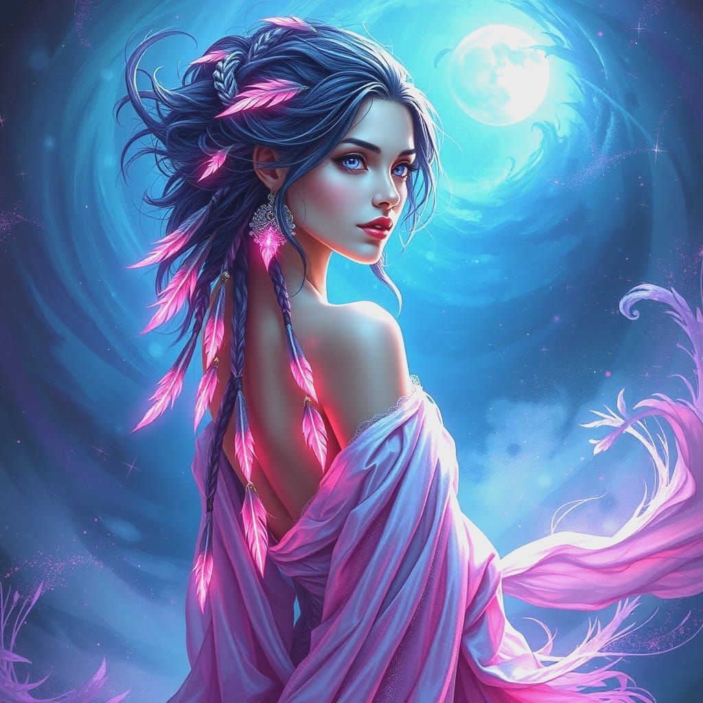 Ethereal Goddess with Neon Pink Feathers and Iridescent Robe...
