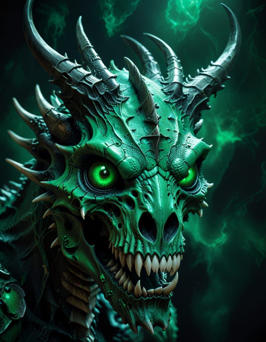 Dragon Skull with Green Eyes in Dark Fantasy Style
