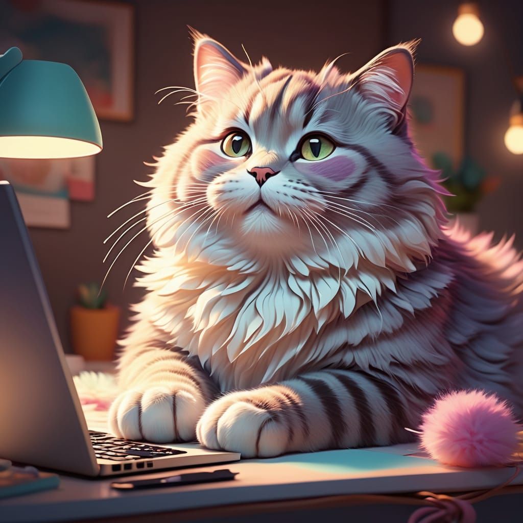 Chubby Cat Relaxing on Laptop Keyboard in Whimsical Digital ...