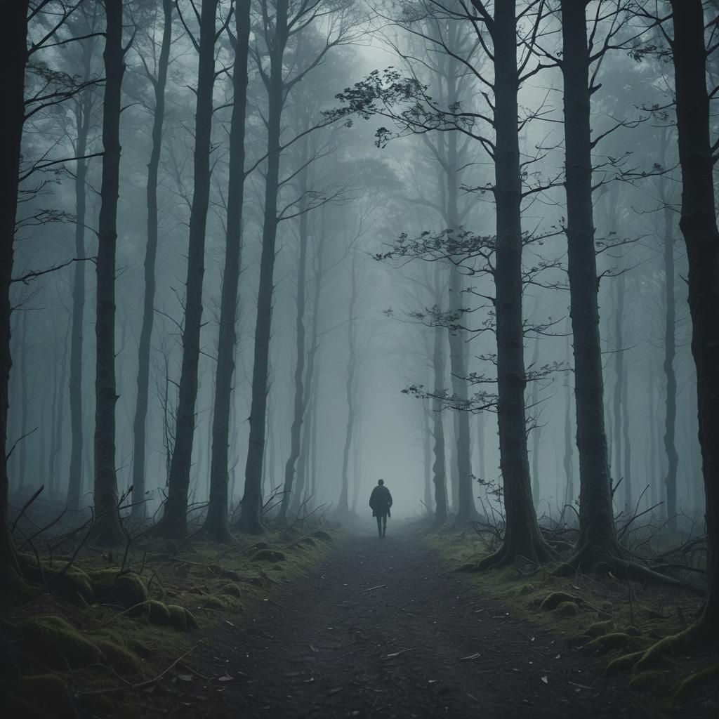 Mysterious Figure in Dimly Lit Forest: Cinematic Film Still