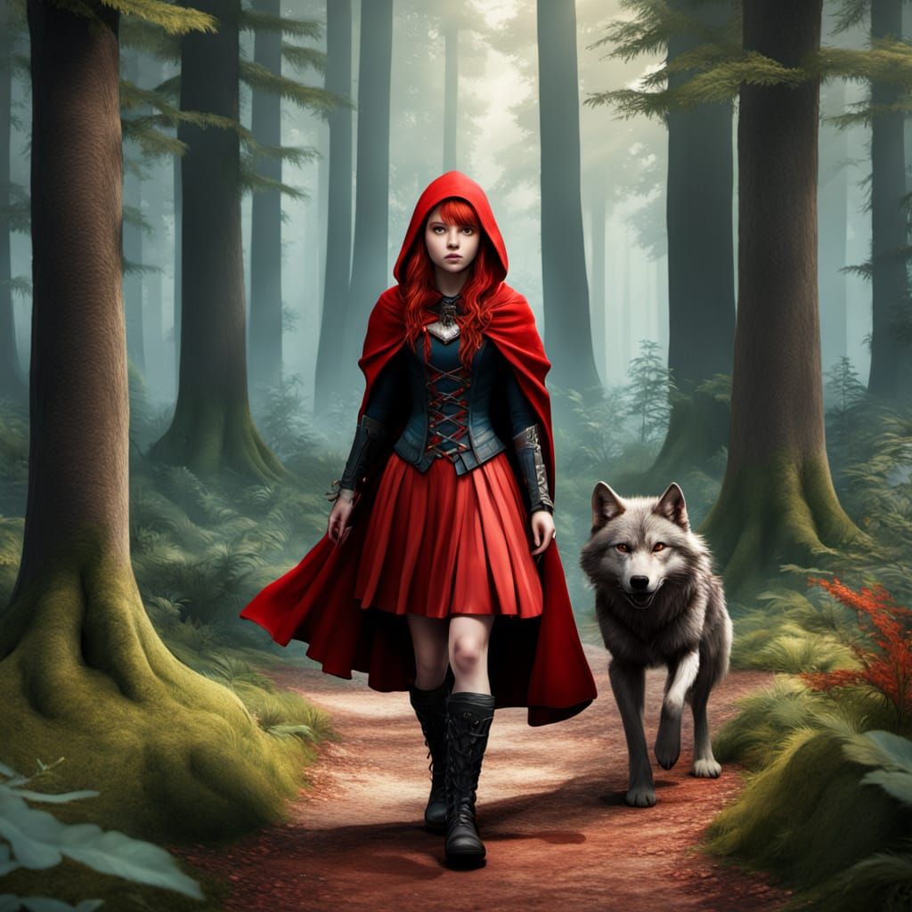 Red Riding Hood Meets Wolf in Tuxedo Matte Painting