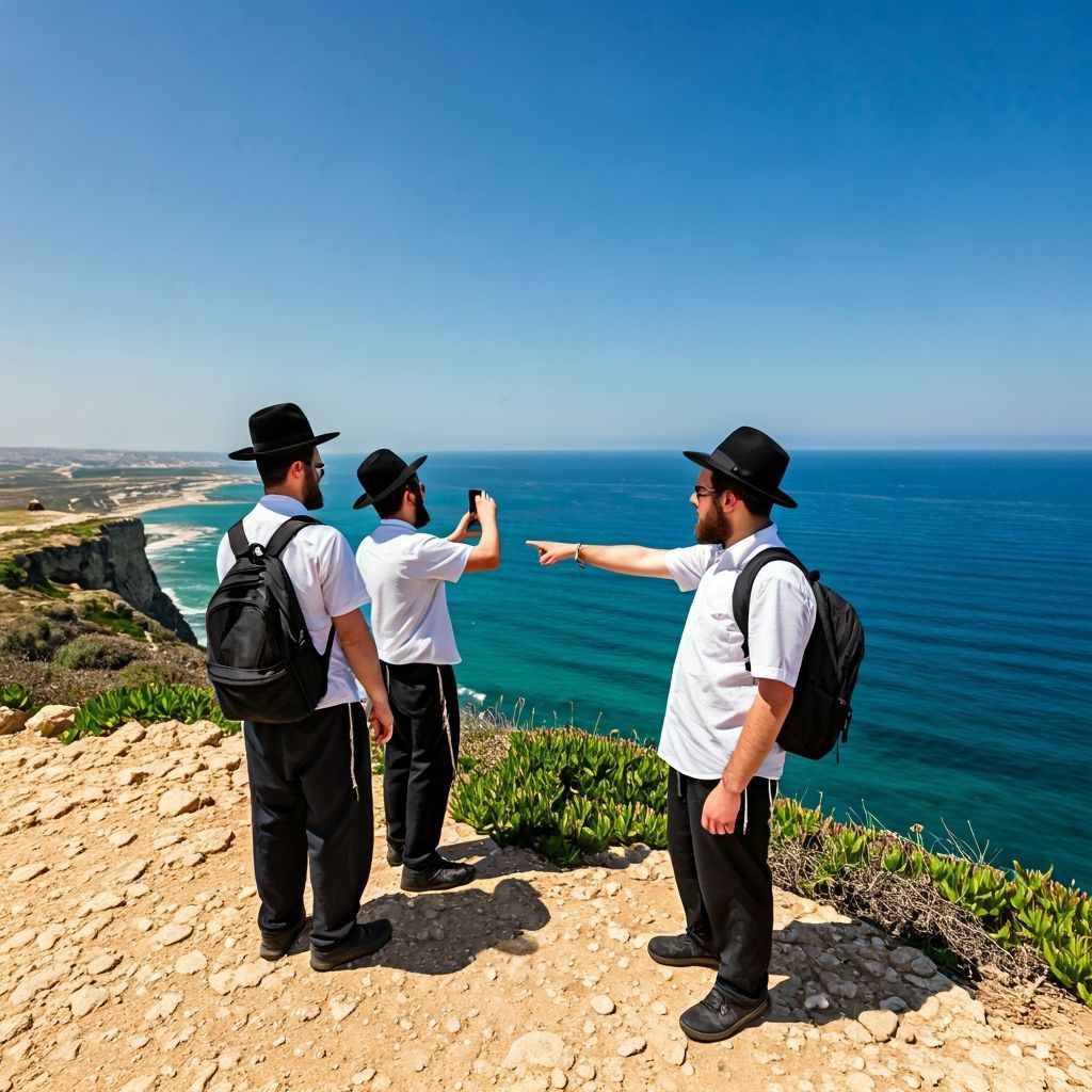 Orthodox Jewish Men Hiking Cliffside with Ocean View