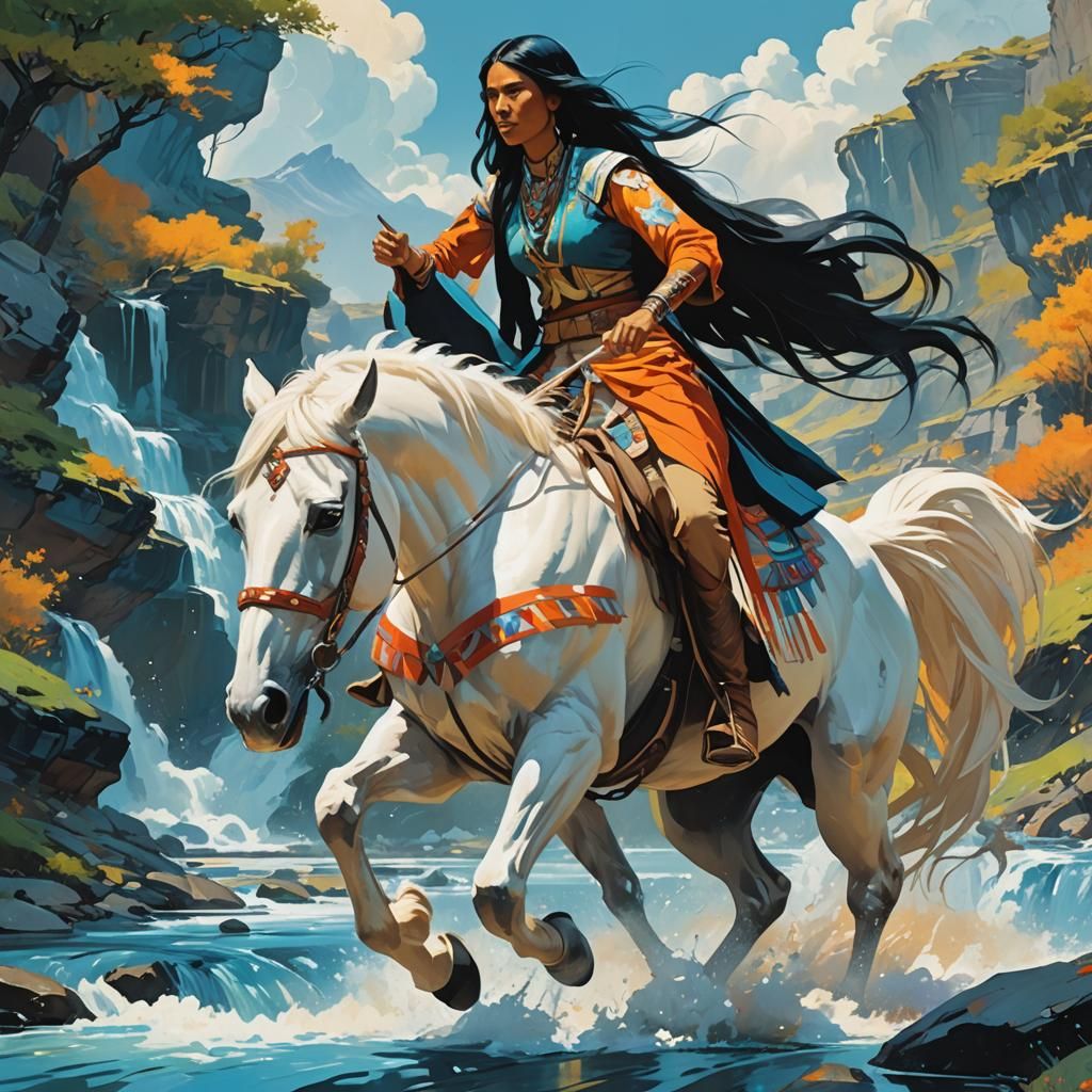 Native American Woman on Horseback, Fantasy Art