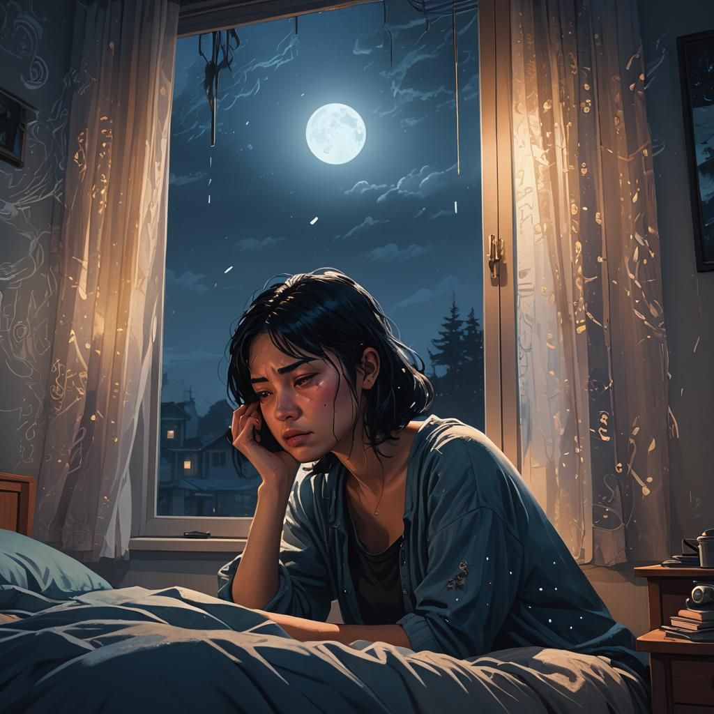 Girl Crying at Night: Hyper-Realistic Digital Painting