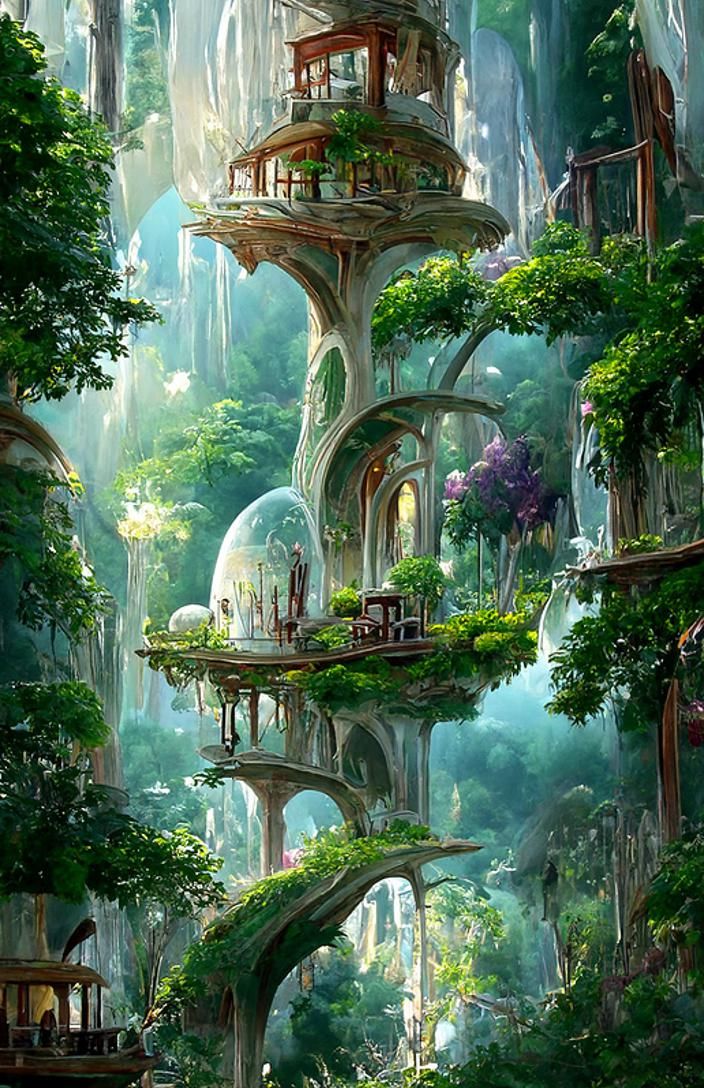 Futuristic Solarpunk Treehouse Village in Anime Style