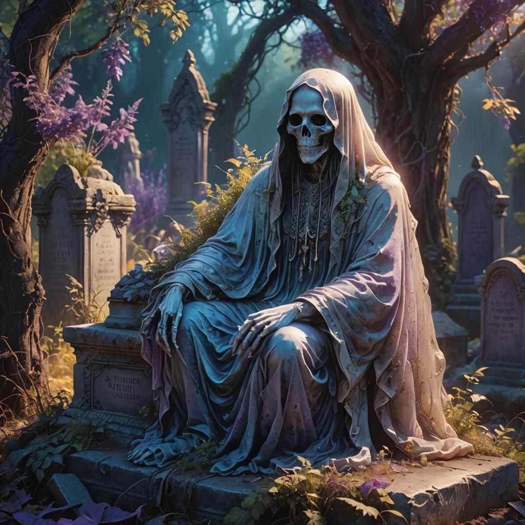Ghost on Tombstone in Colorful Splash Art Style