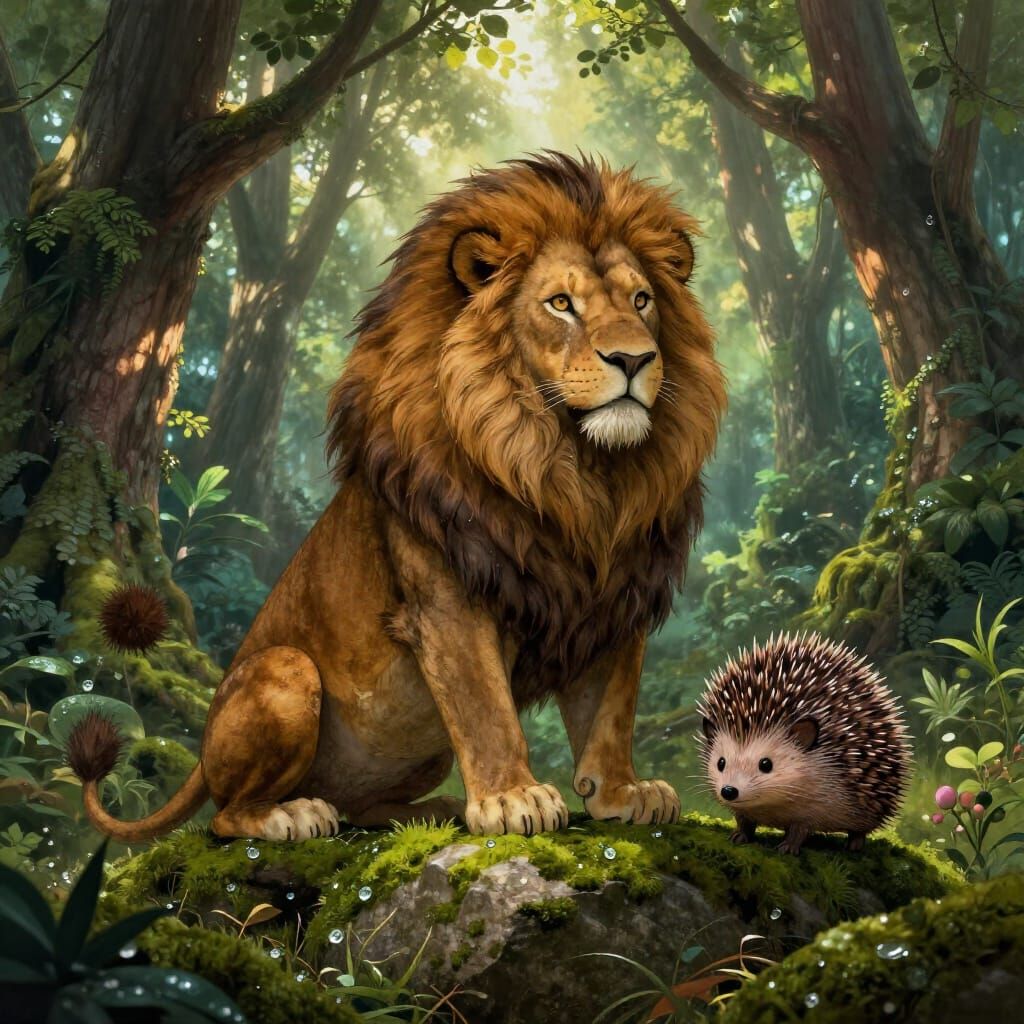 Lion-Hedgehog Hybrid in Enchanted Forest