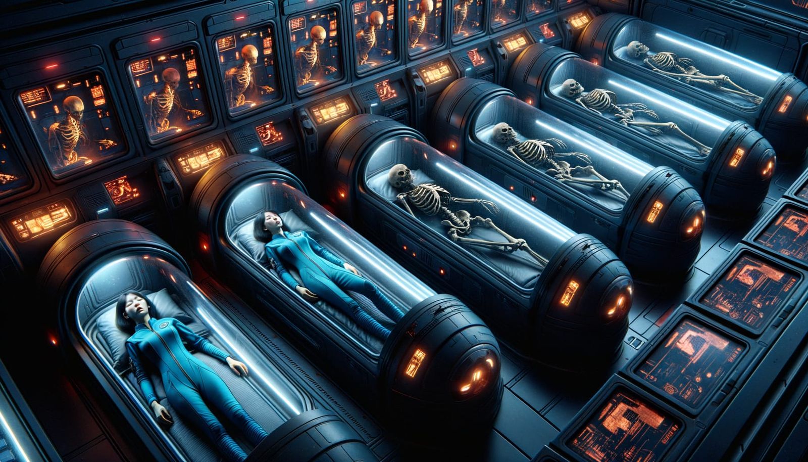 Starship Sleep Pods: Awakening Amidst Skeletal Remains