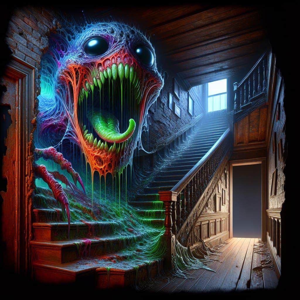 Nightmarish Bioluminescent Creature Ascending Dark Staircase