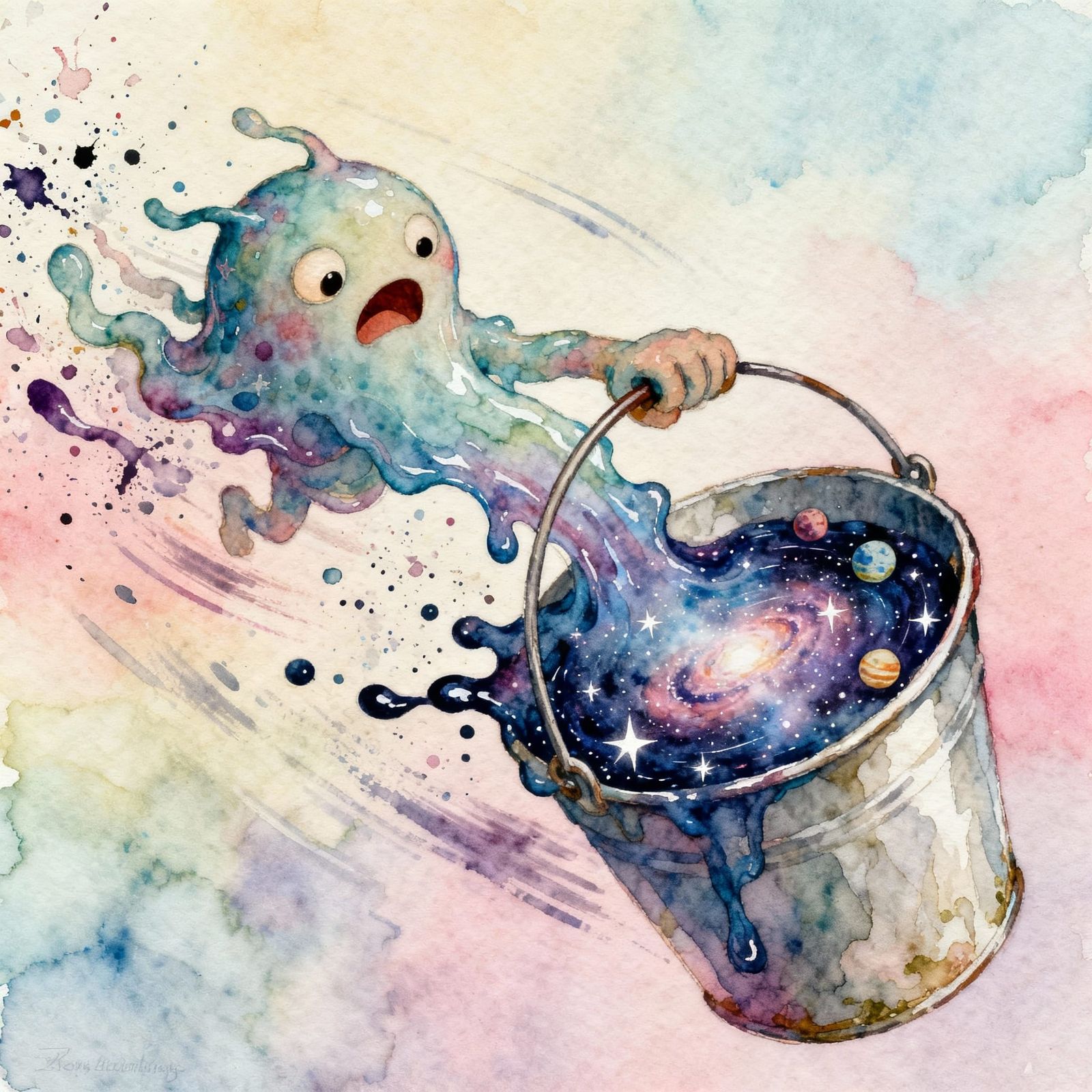 Cosmic Creature Scooping Liquid Galaxy in Pastel Dreamscape