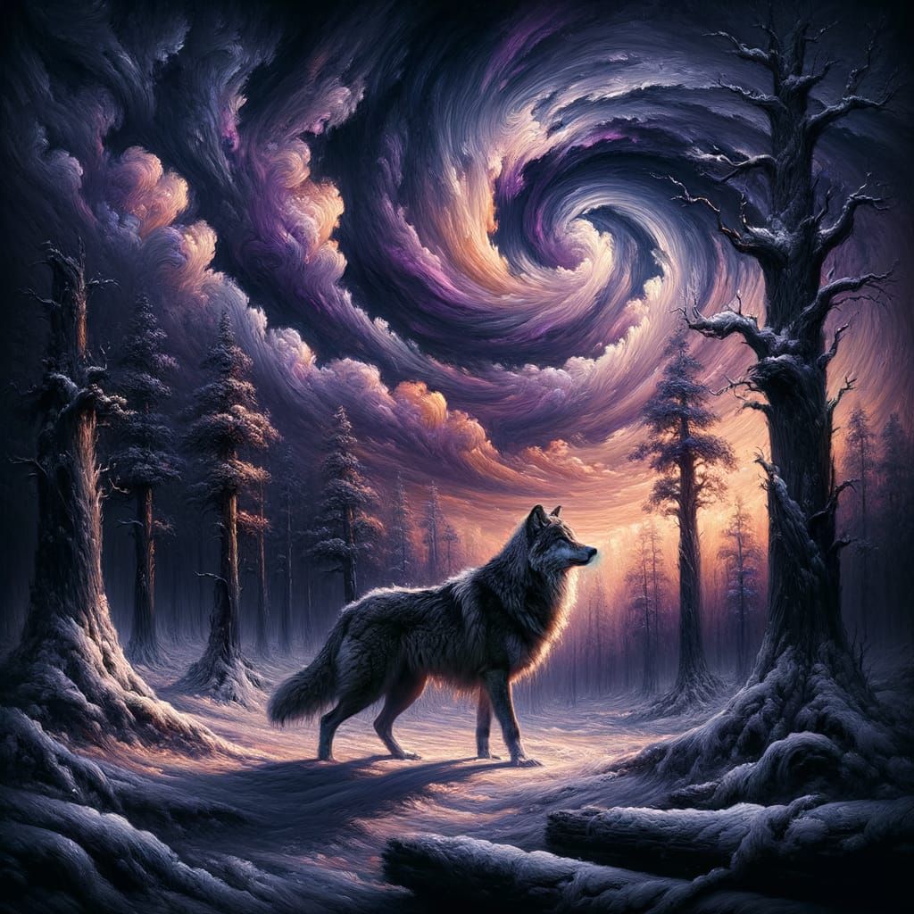 Majestic Wolf in Twilight Forest as Oil Painting