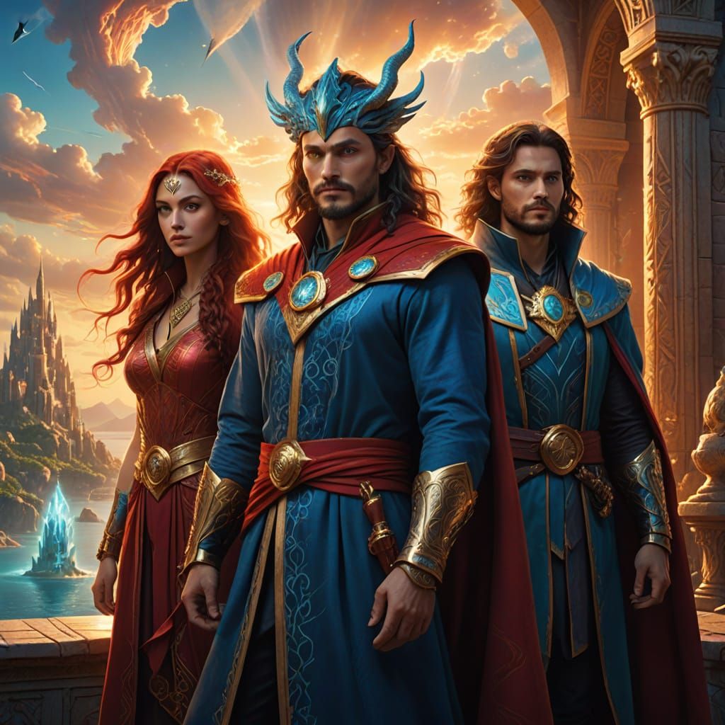 Epic Fantasy Scene of Atlantis with Blue and Red Magicians