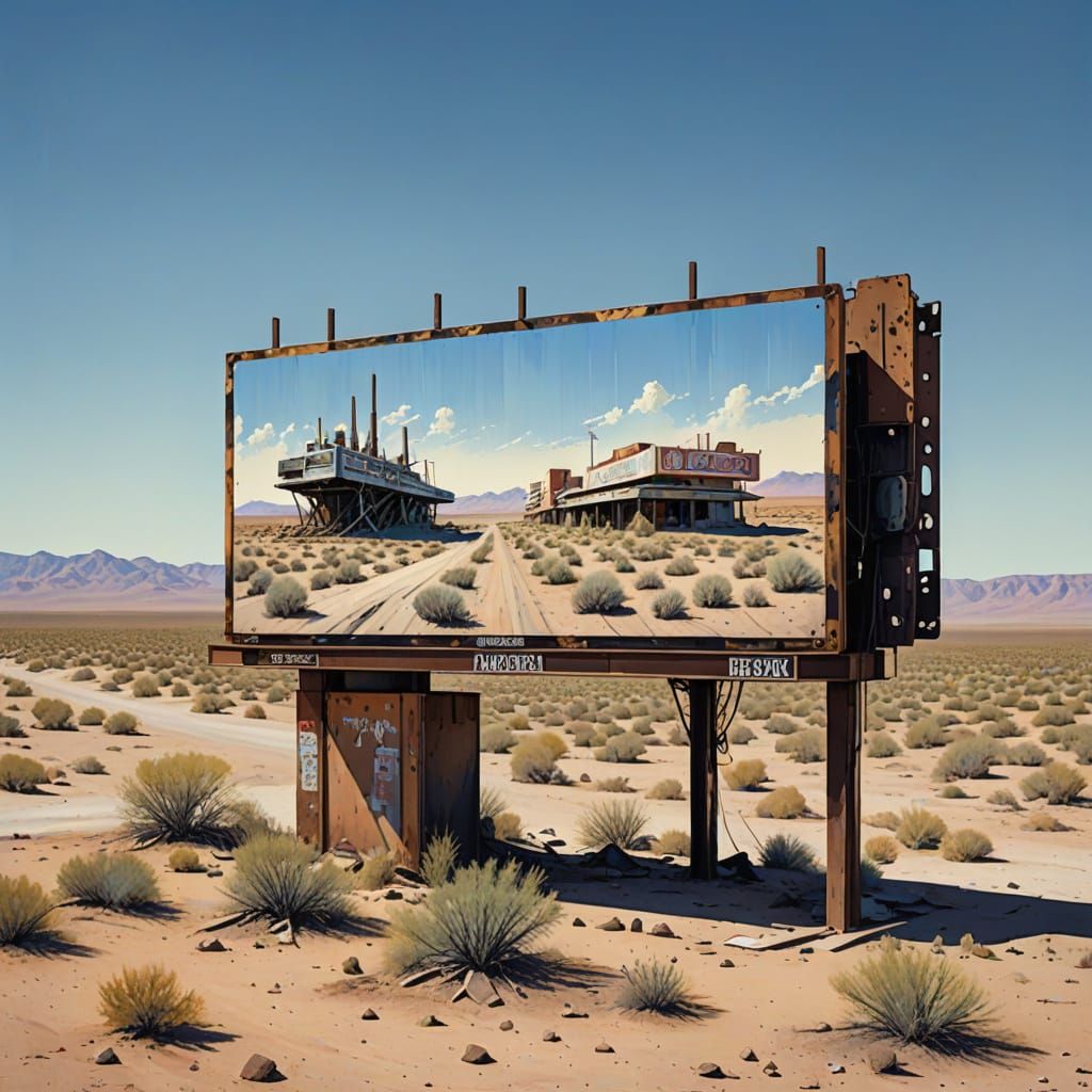 Retro Futuristic Desert Billboard in Gouache Style