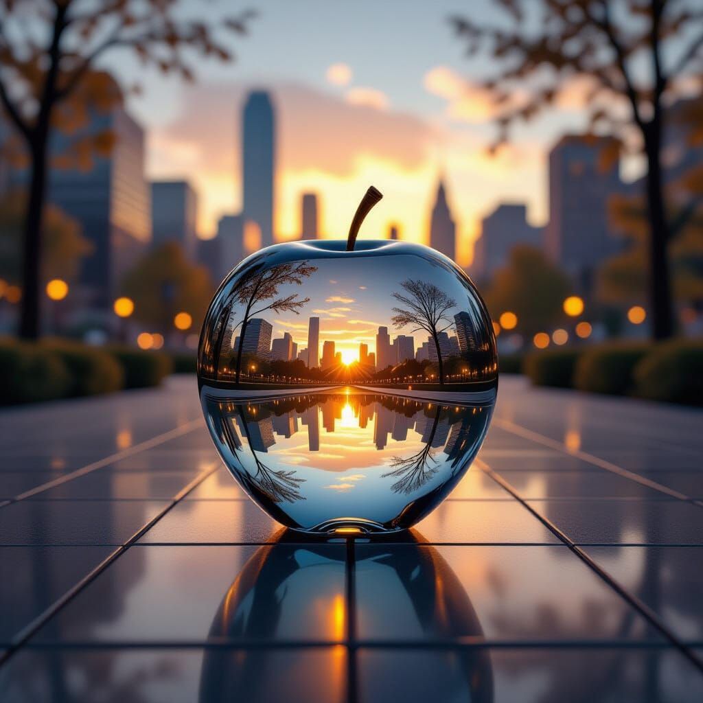 Reflective Apple Mirrors Cityscape at Sunset