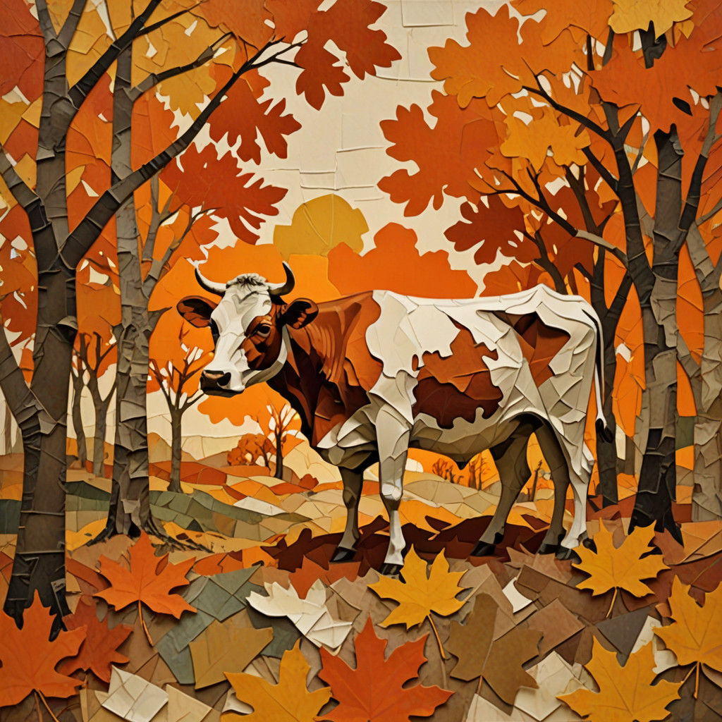 Autumn Landscape with Cow in Mixed Media Collage
