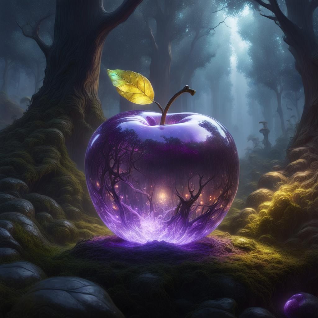 Glowing Glass Apple in Dark Fantasy Forest