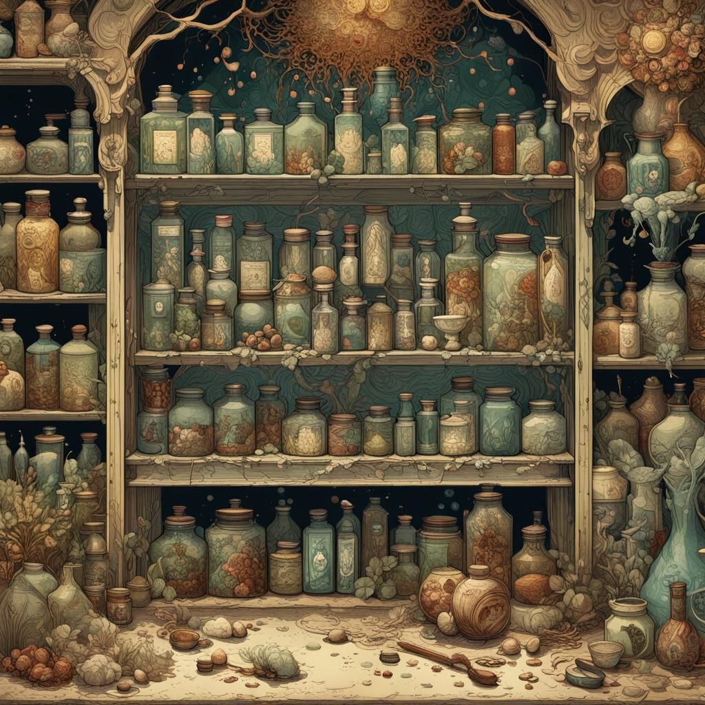 Vintage Apothecary Inspired by Bosch, Digital Painting