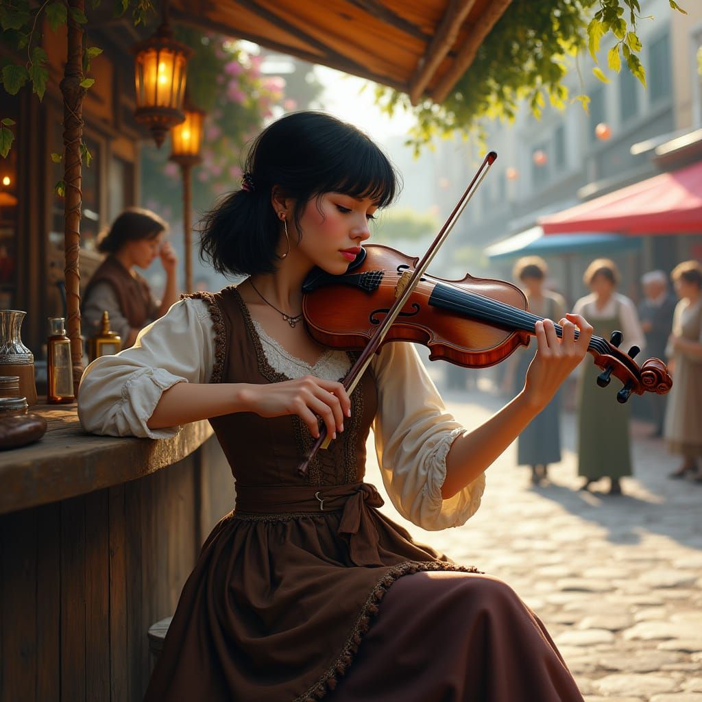 Woman Plays Violin in Irish Marketplace, Hyperrealism